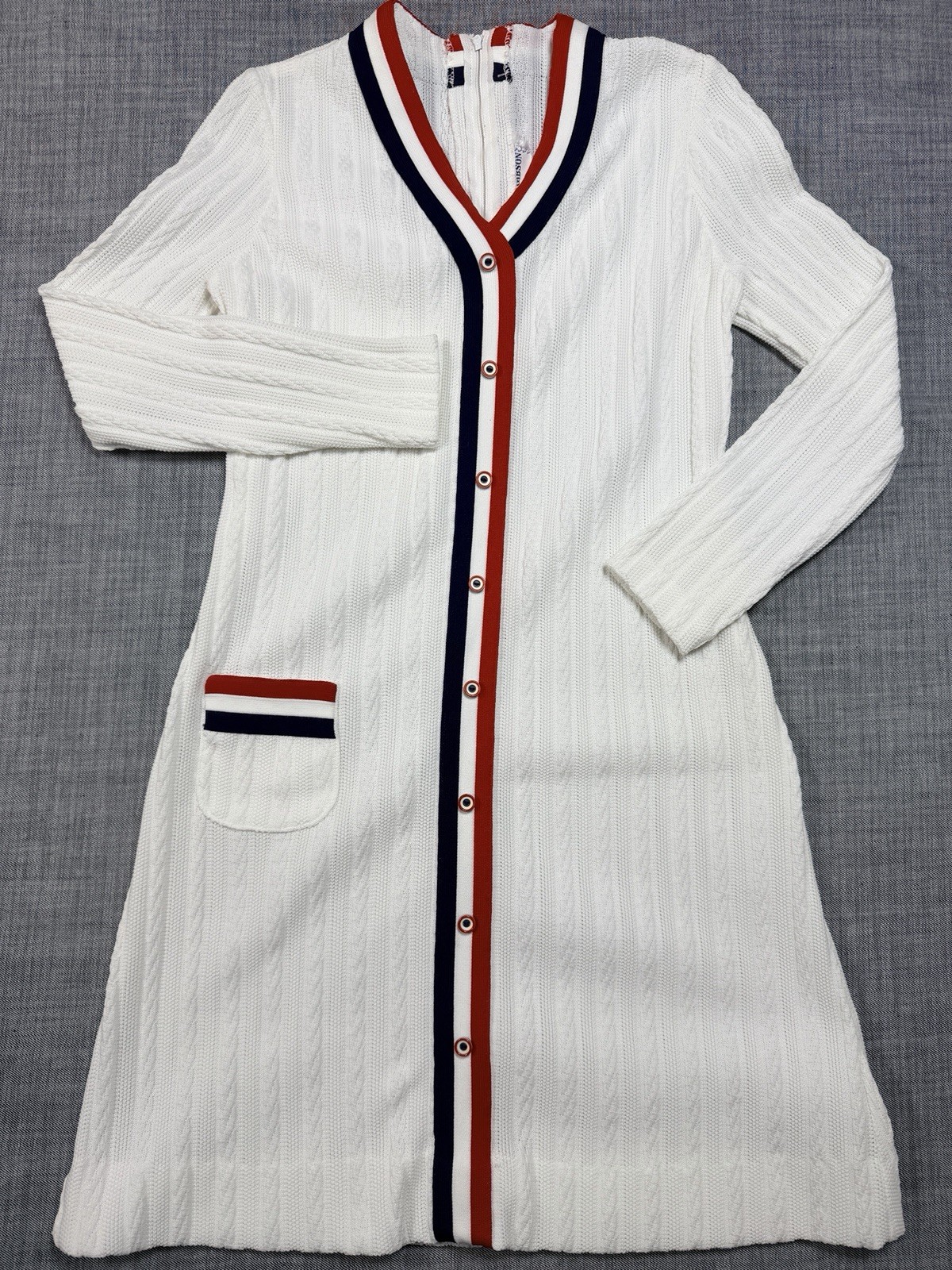 Vintage 60s Gay Gibson Mod Dress Knit Mini Zip Red White Blue Small 17×32 EUC
