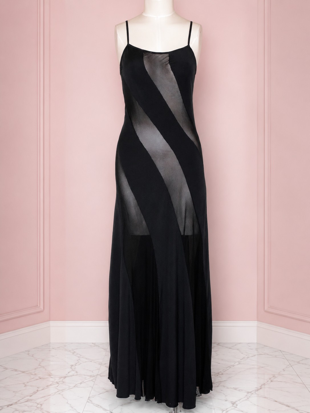 Vintage Y2K Frederick’s of Hollywood Black Sheer Mesh Panel Maxi Slip Dress M