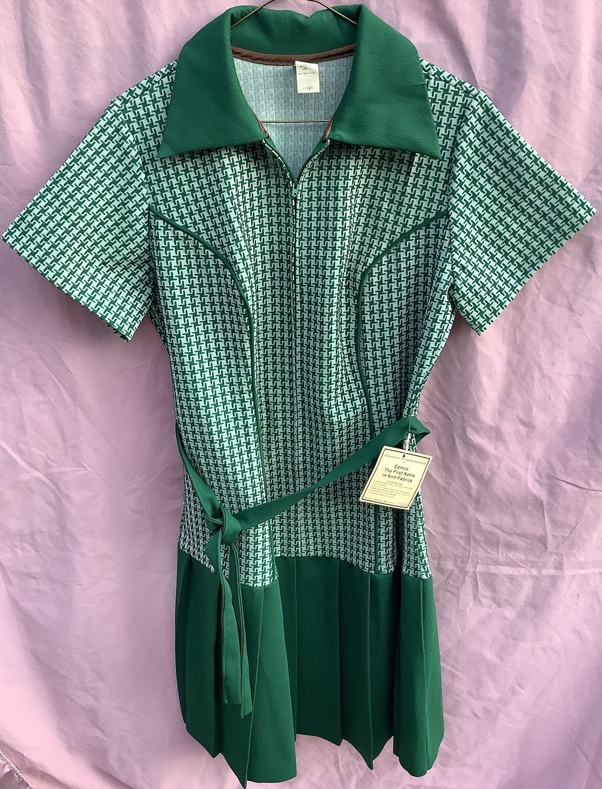 VTG 1970s Green Houndstooth Pleated Tennis Dress Mod Retro Drop Waist NWT Sz16.5