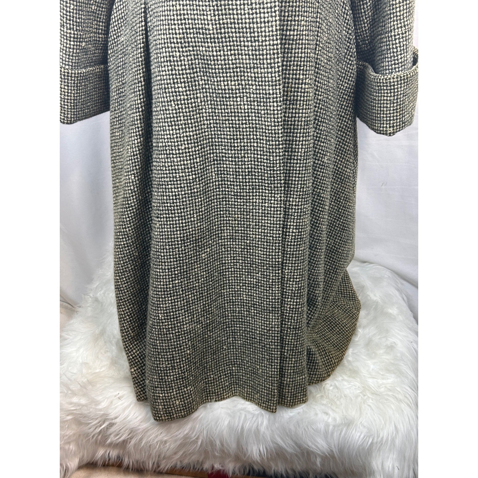 Vintage Great Britain Black White Tweed Wool Maxi Coat Long Trench Jacket Womens