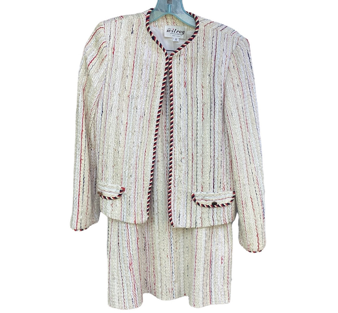 Vtg Wilroy Traveller NY Red White Blue Tweed Skirt Suit Open Jacket Pencil S/XS