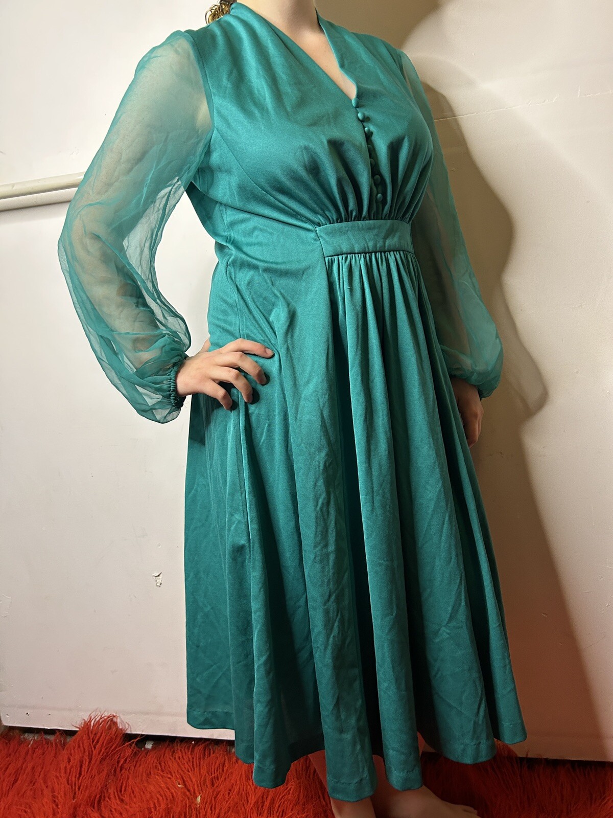 Vintage 1980s does 70s Teal Midi Caftan Dress Chiffon Sleeves Prairie Boho AU 14