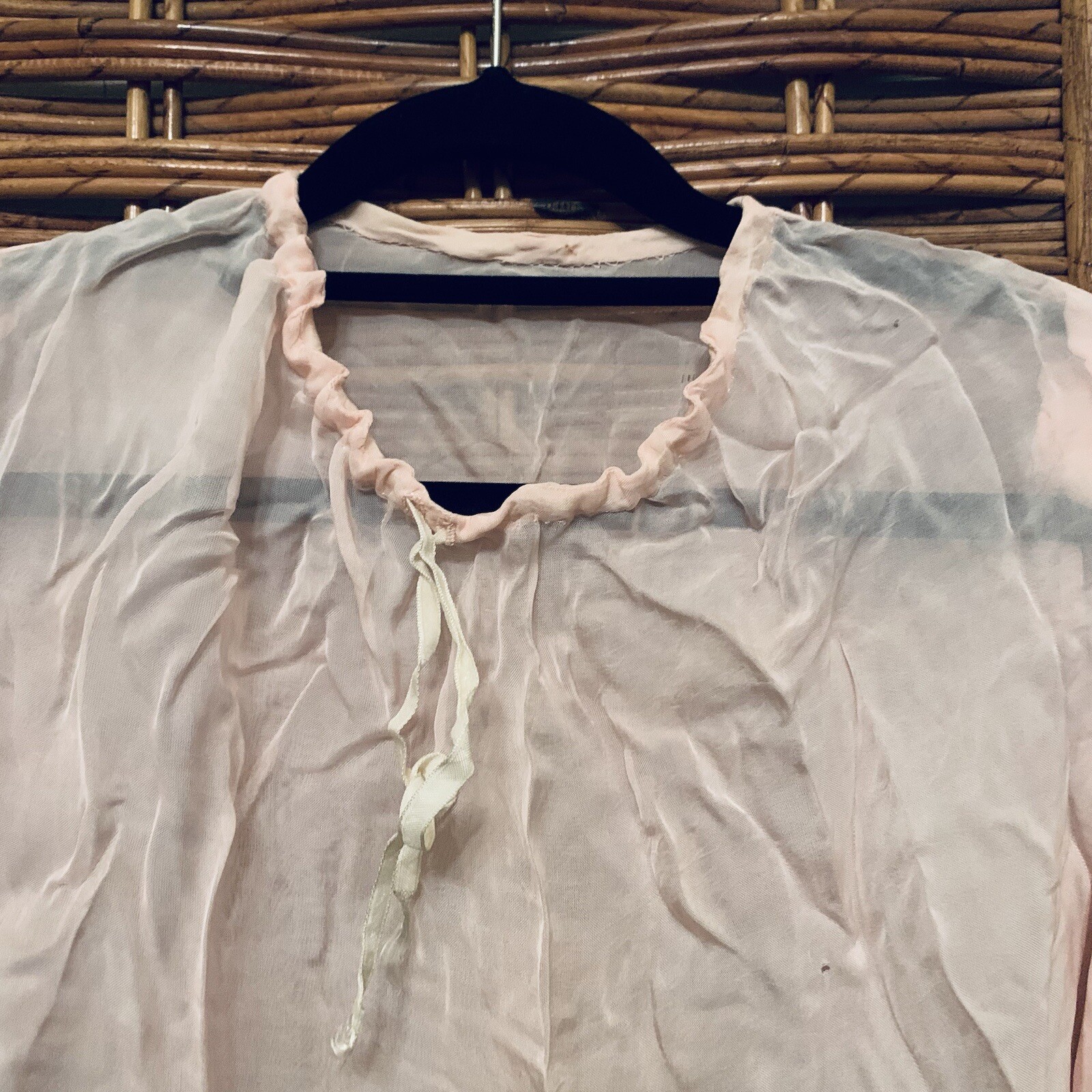 Antique Handmade Pink Blouse With Drawstring Neck & Mother Of Pearl Cuff Buttons