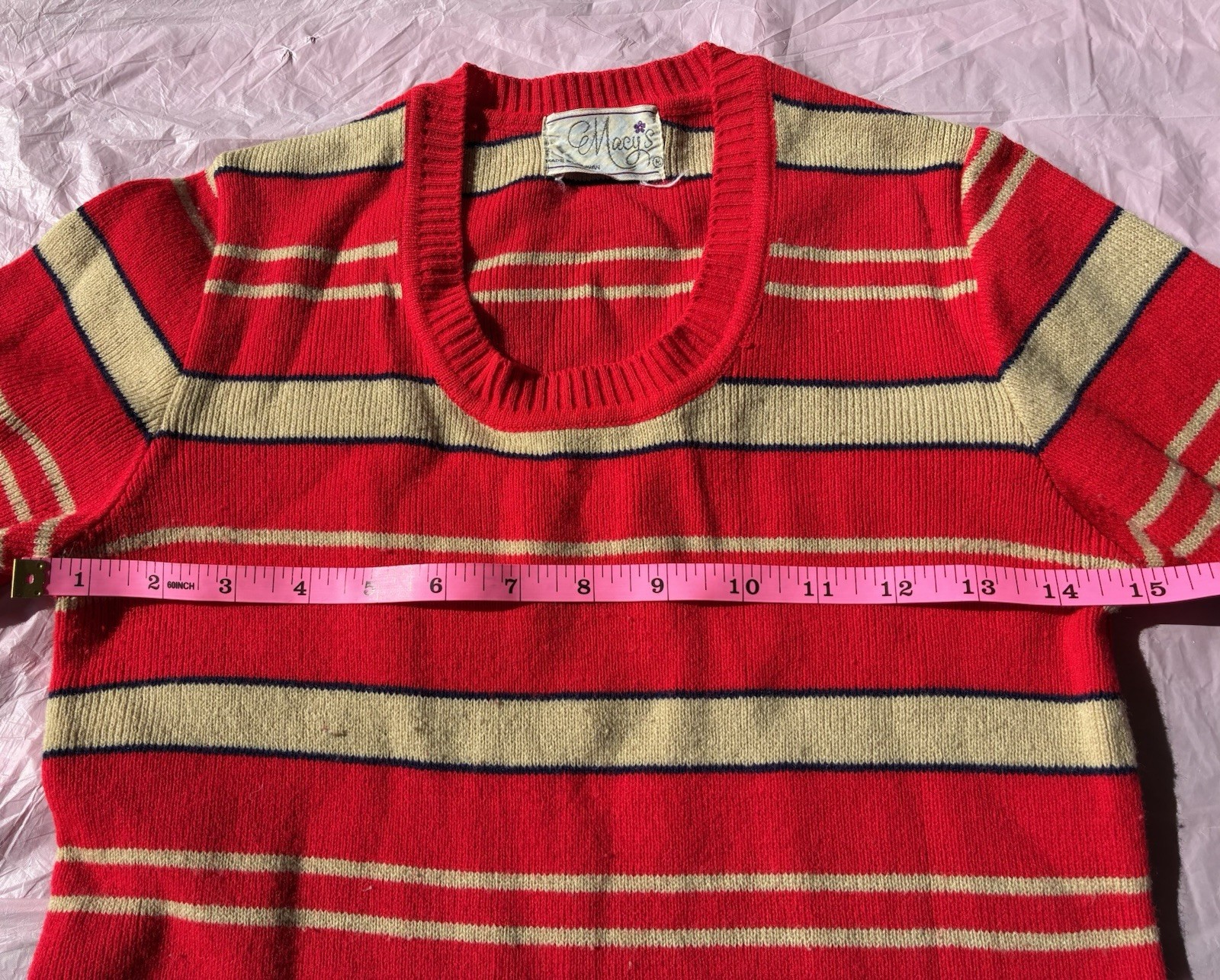 Macy’s Vintage Women’s Striped Knit Top Sweater Long Sleeve Red Beige Retro Sz M