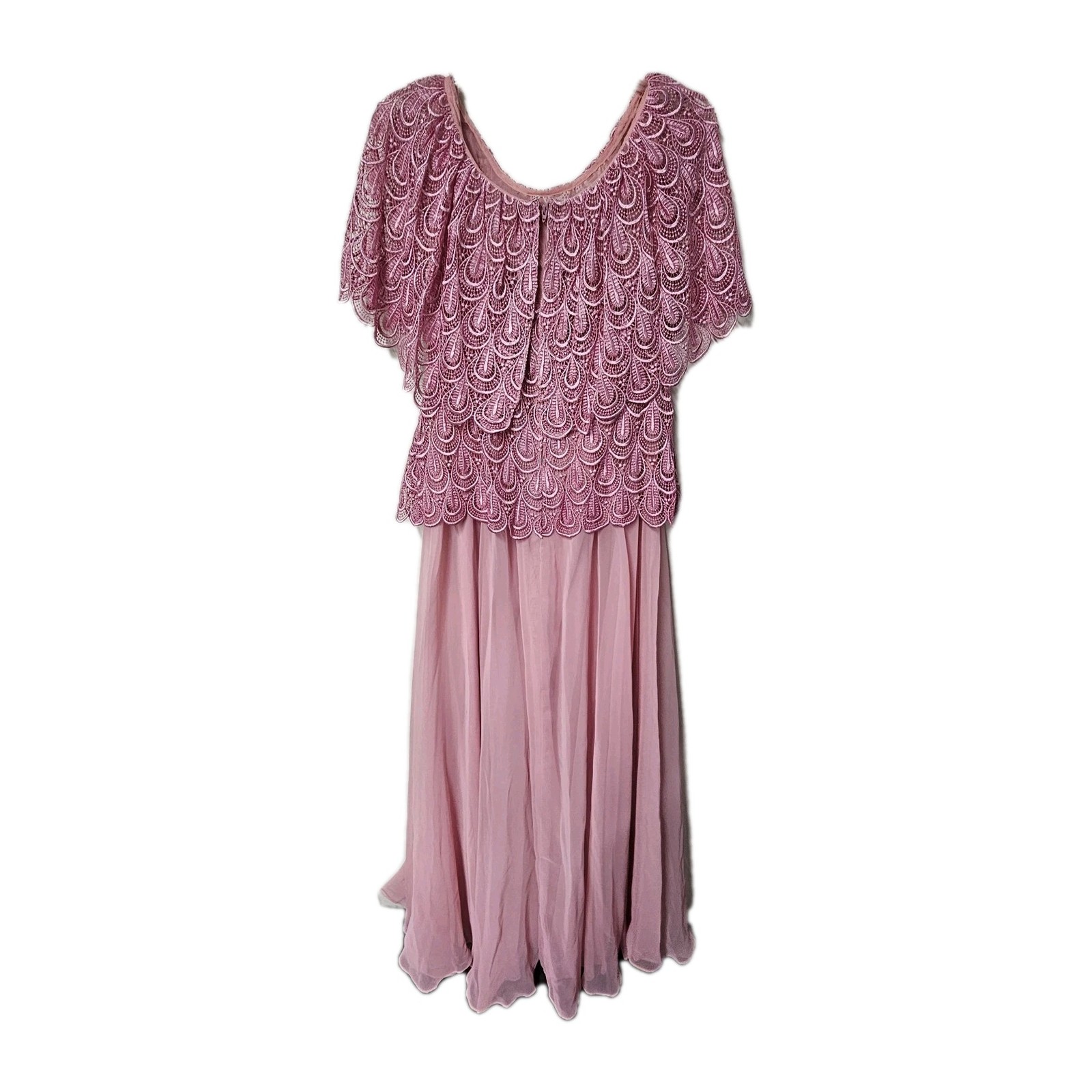 Vtg 70s Pink Lace Overlay Dress ILGWU Union Slip Formal Romantic Chiffon Overlay