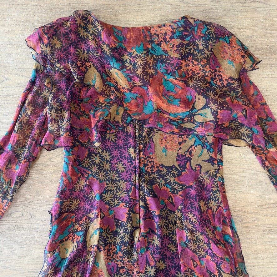 VTG Holly Harp 100% Silk Chiffon Tiered Ruffle Long Sleeve Floral Dress-Size Med