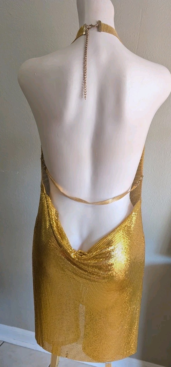 Authentic Vintage Studio 54 Dress Liquid Gold Seamless Mesh Chainmail Metal