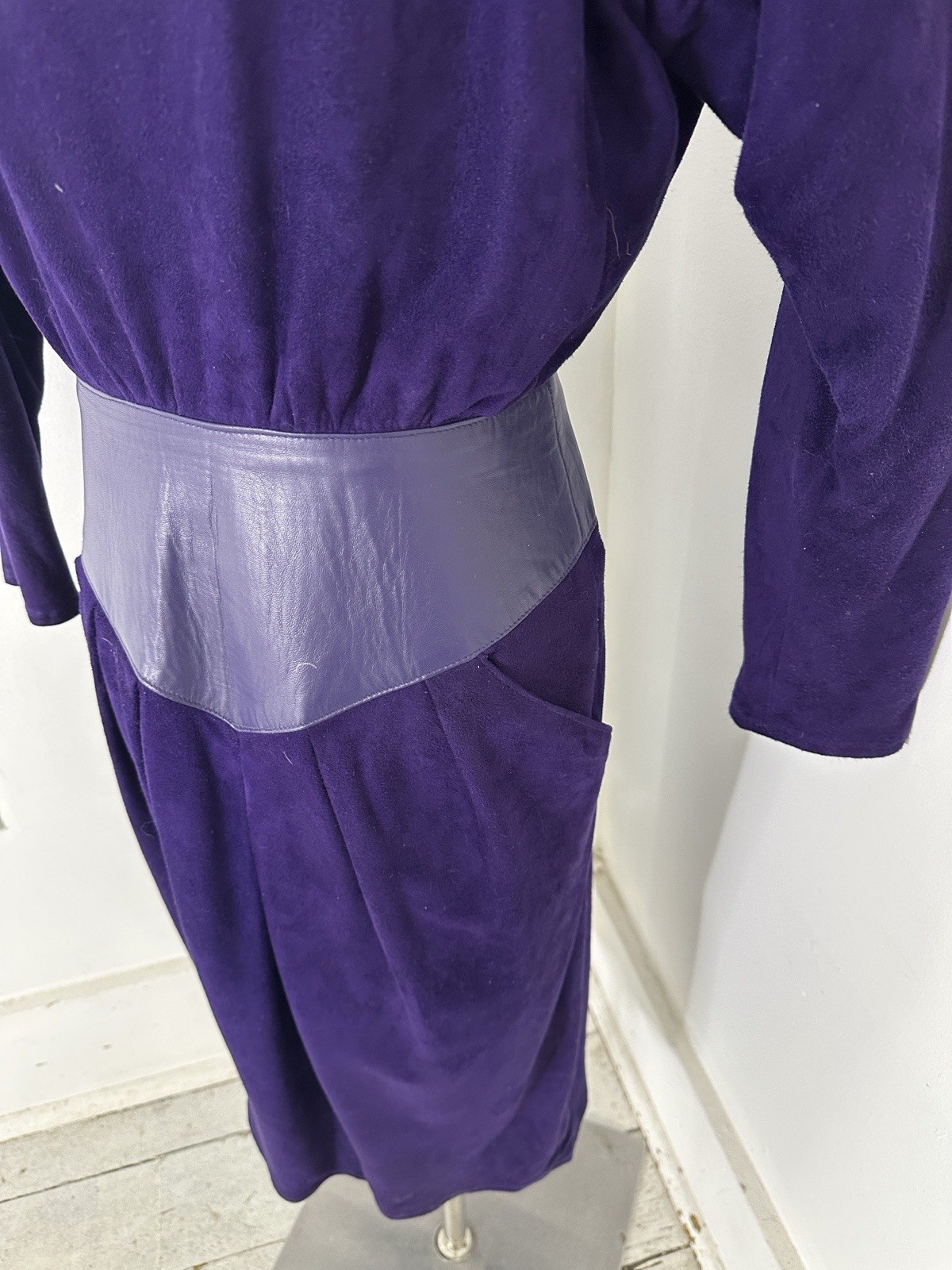 Vintage Genuine Suede Leather Purple Vakko Midi Cocktail Dress