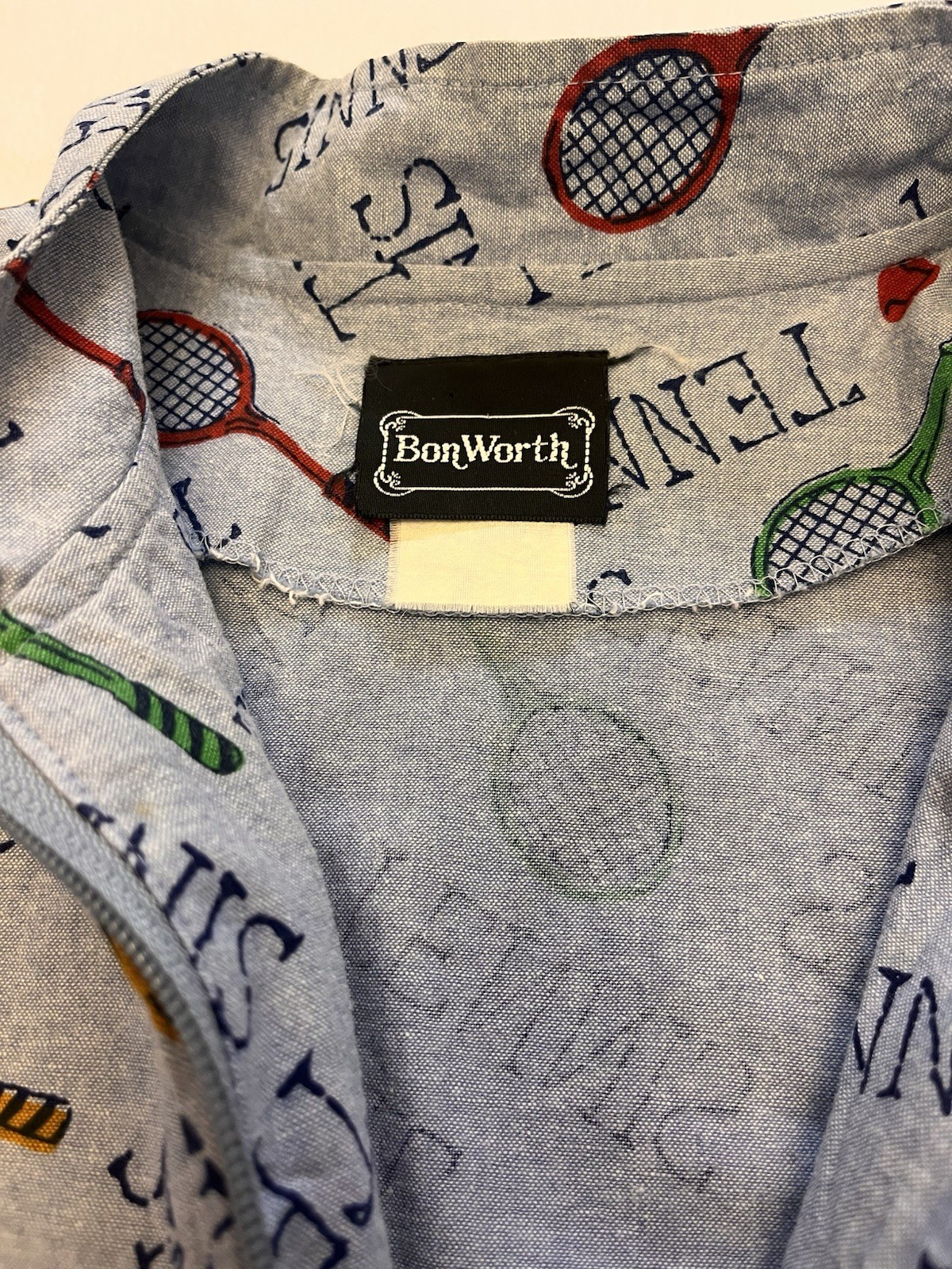 Vtg Womens Bon Worth Full zip Tennis All Over Print Jacket Preppy Granny Core L