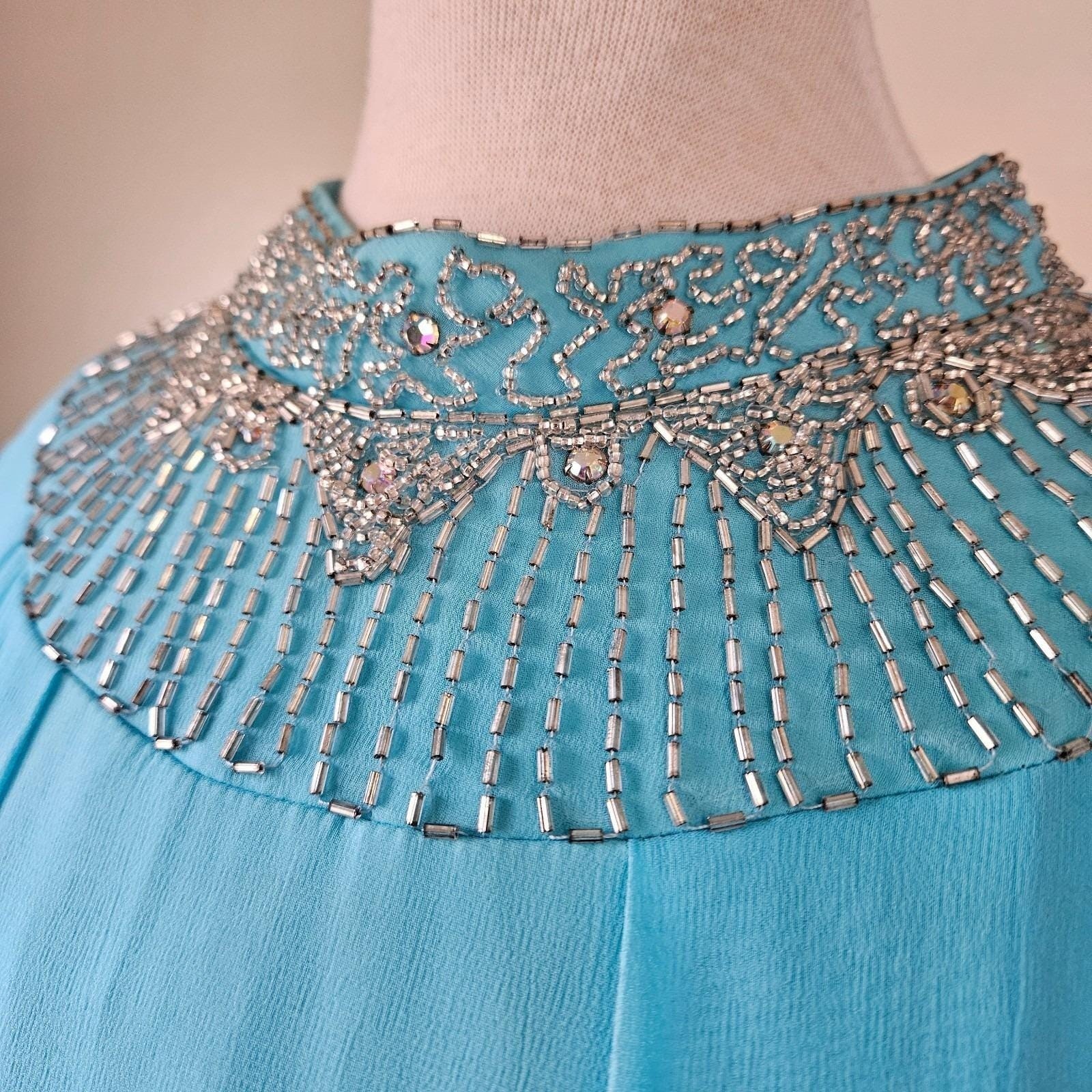 Vintage 70s Blue Disco Diva Stage Chiffon Sheer Overlay Maxi Dress Gown Beaded M