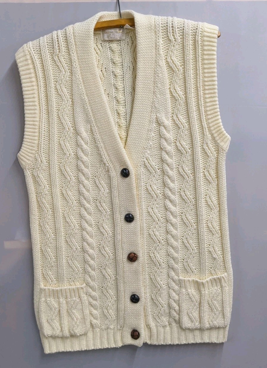 Vtg Sweater Vest Womens Cable Knit Chunky Beige 60s 70s Acrylic Leather Buttons