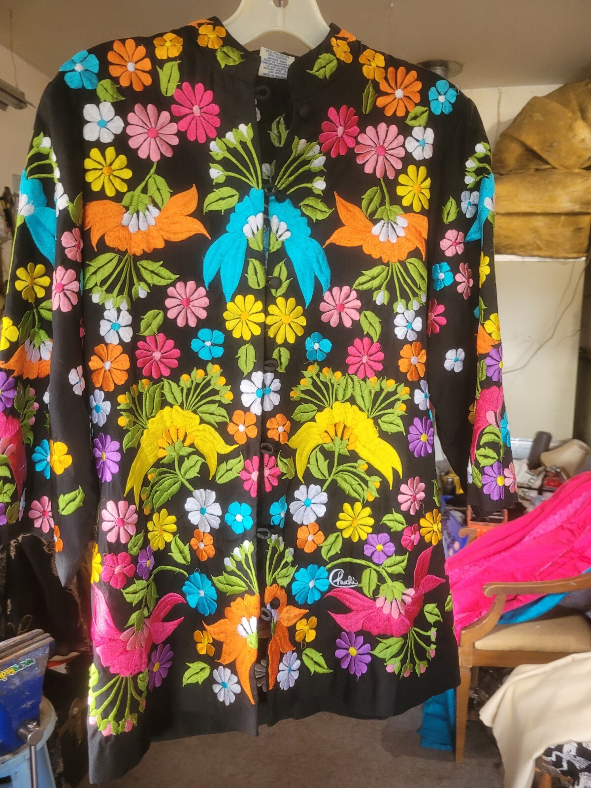 Vintage Black Jacket With Colorful Floral Embroidery By Chuchi