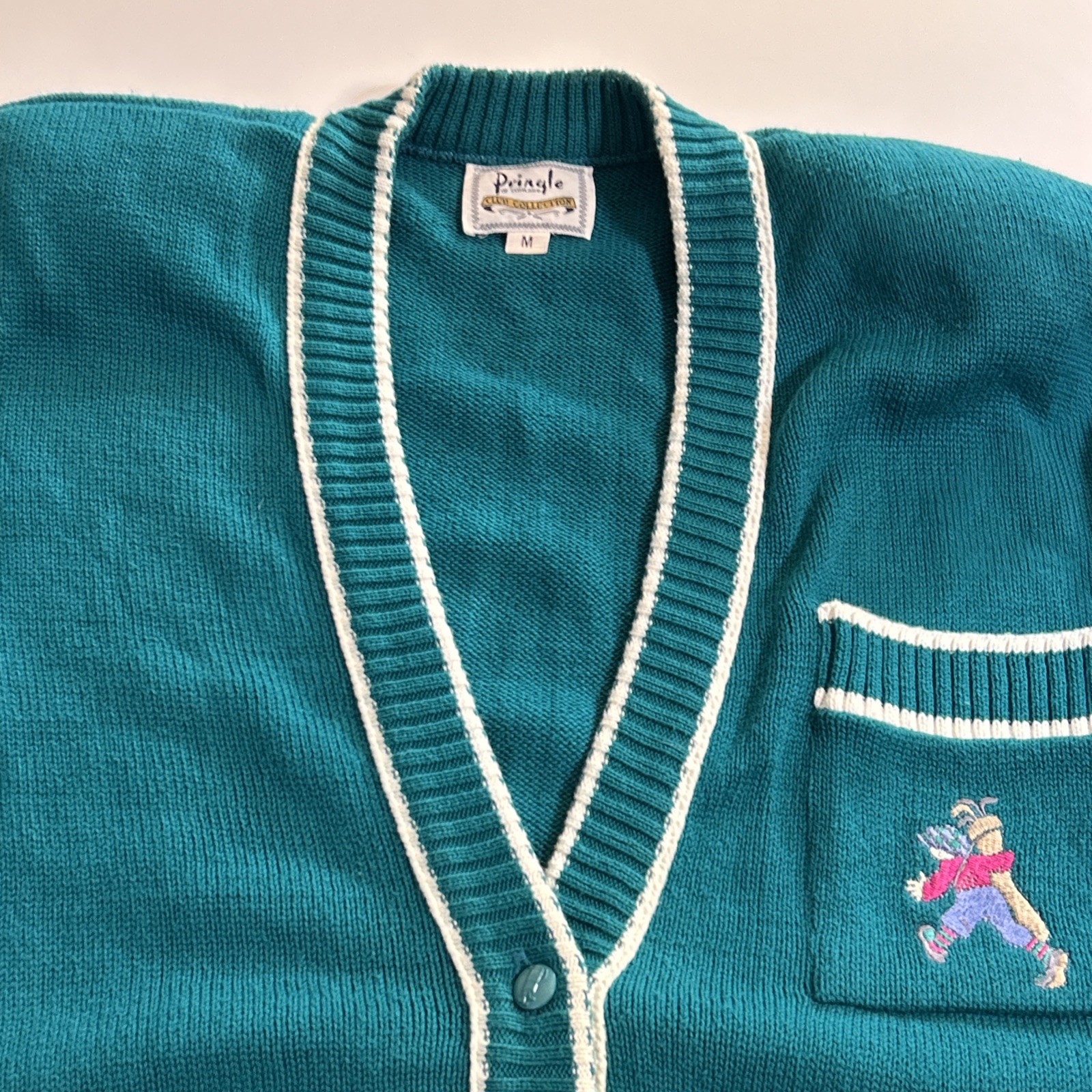 Pringle Scotland Sweater Sz M Teal Pure Cotton VNeck Embroidered Golf Vintage