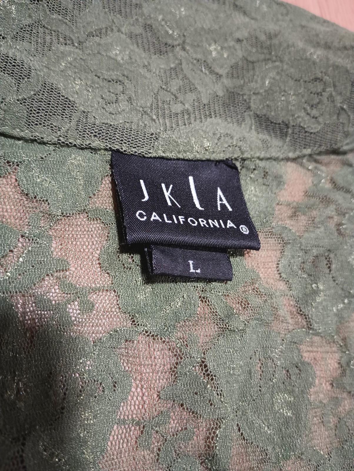 Vtg Y2K JKLA CALIFORNIA Olive Army Green Stretch Rose Floral Lace Sheer Top L