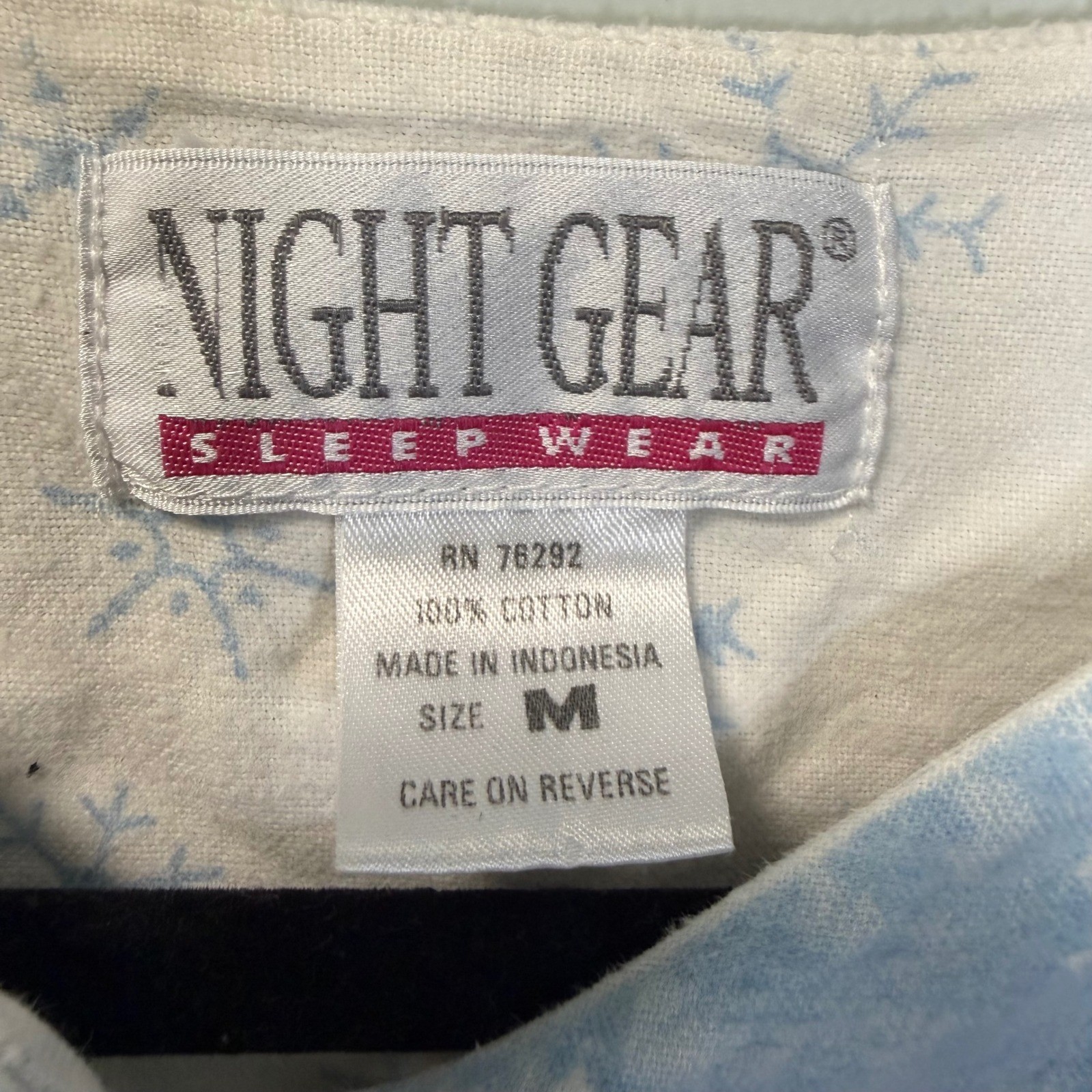 Vintage Night Gear Snowflake Nightgown White Blue Cotton Henley Sleep Shirt Med