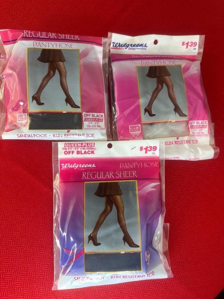 3 LOT Vintage Walgreens Panty Hose 5’4″-6’3″ Off Black Sandalfoot Run-resist