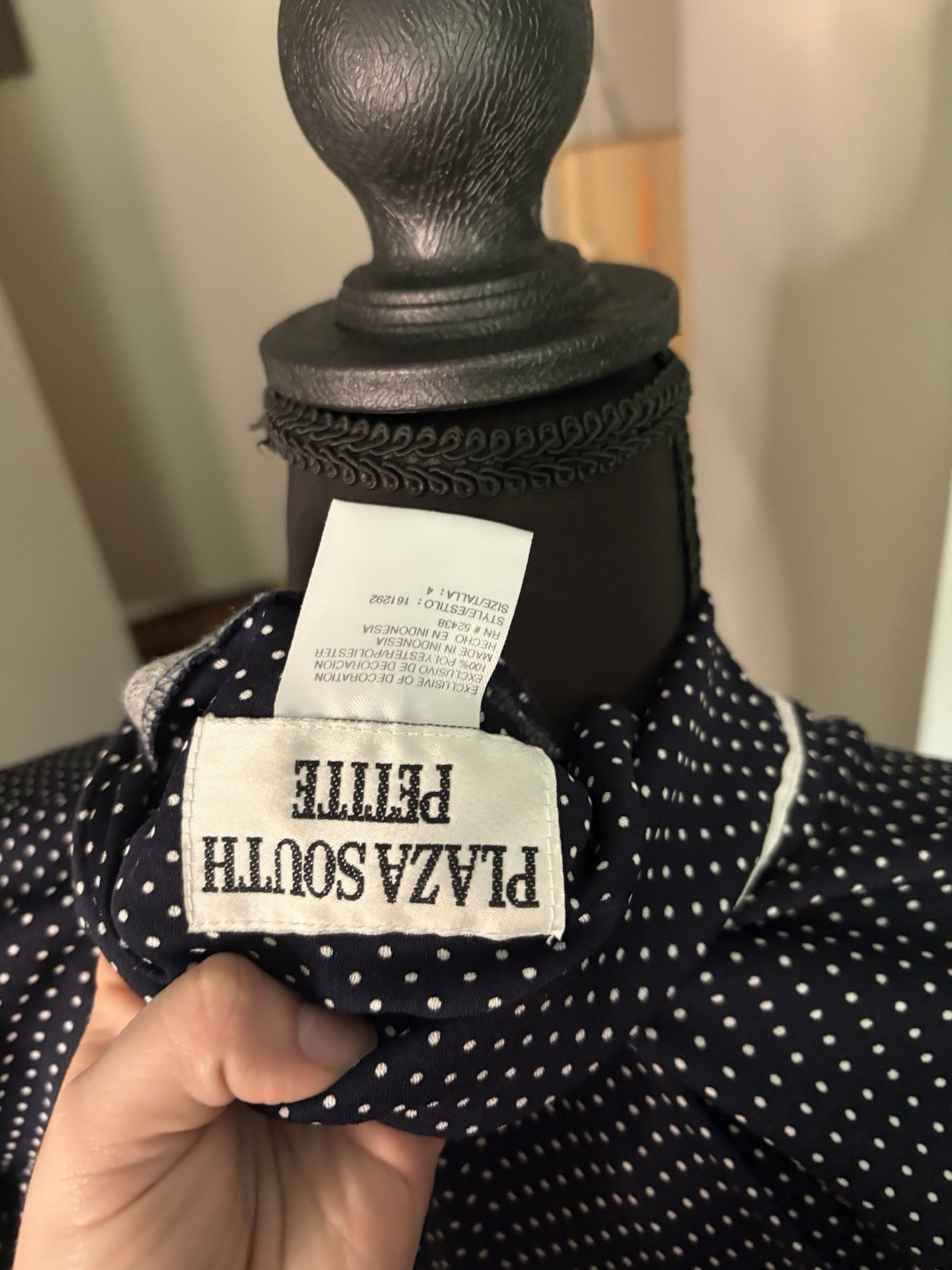 Vintage Navy Polka Dot Front Button Dress W Mother of Pearl Buttons