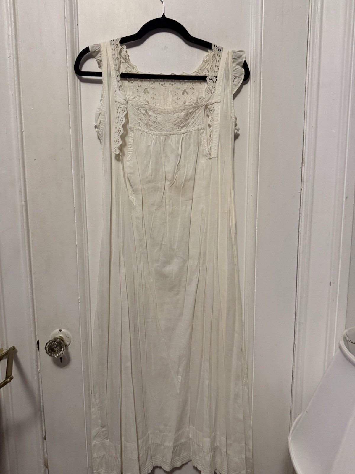 Antique 1910s Edwardian White Cotton Chemise Nightshirt Floral Embroidery Eyelet