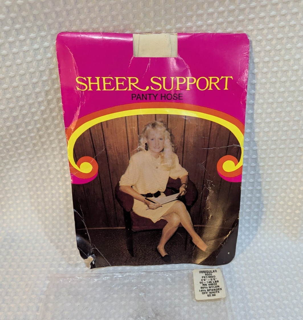 Vintage 1970’s SHEER SUPPORT off white Panty Hose Size PET/MED, Irregular, STAIN