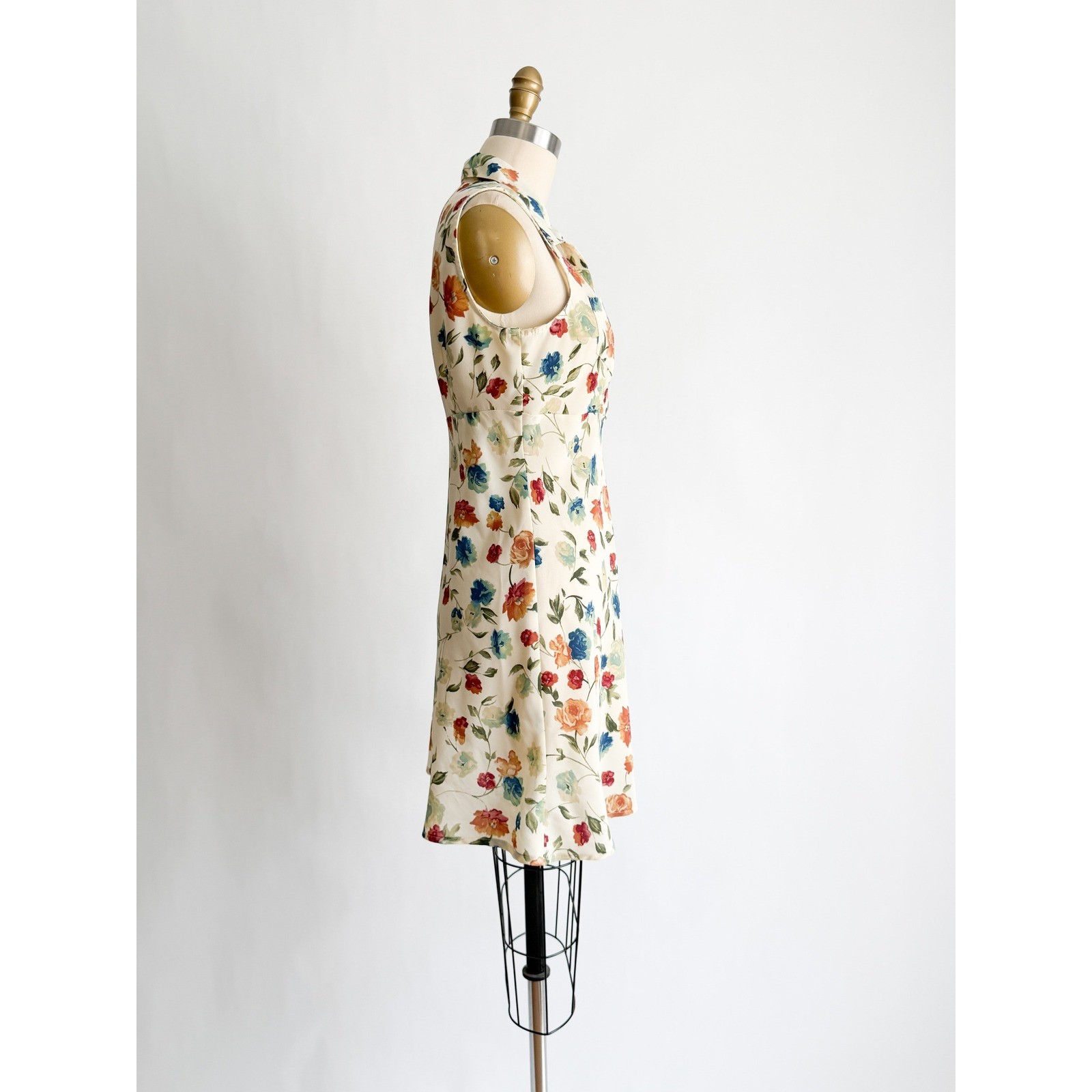 Contempo Casuals Mini Dress Vintage 90s Floral Sleeveless Collared Small Cream