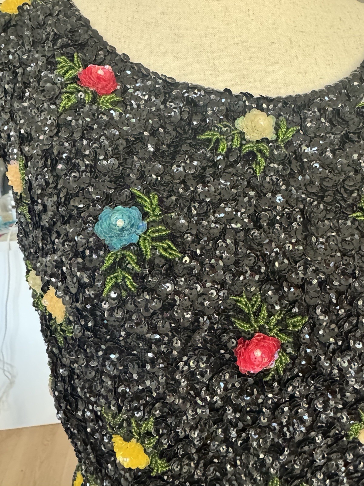 Vintage 60s House of Gold Beaded Sequin Floral Sleeveless Evening MCM Top Medium