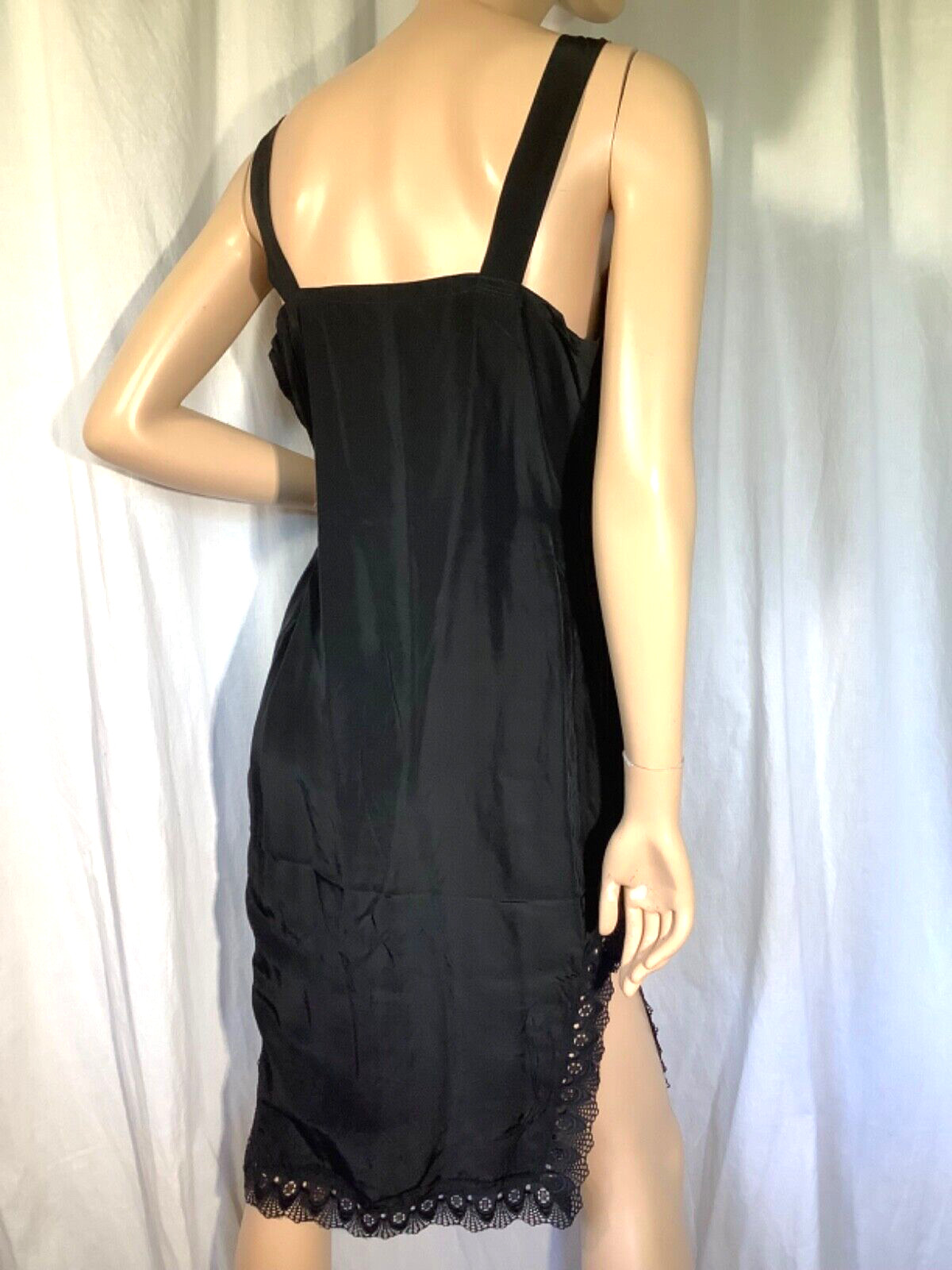 Vintage cold rayon Full Slip nightgown Chemise black M midi WWII slit Lace 40s