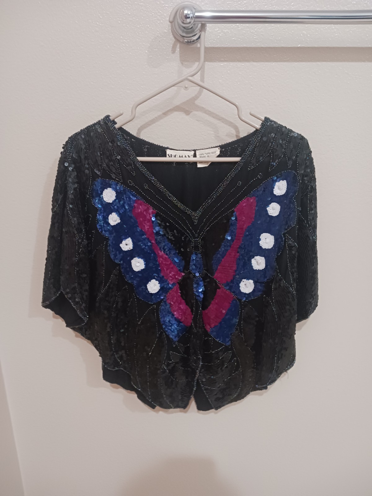 Vintage Sho Max 100% Silk Beaded Butterfly Sequin Top
