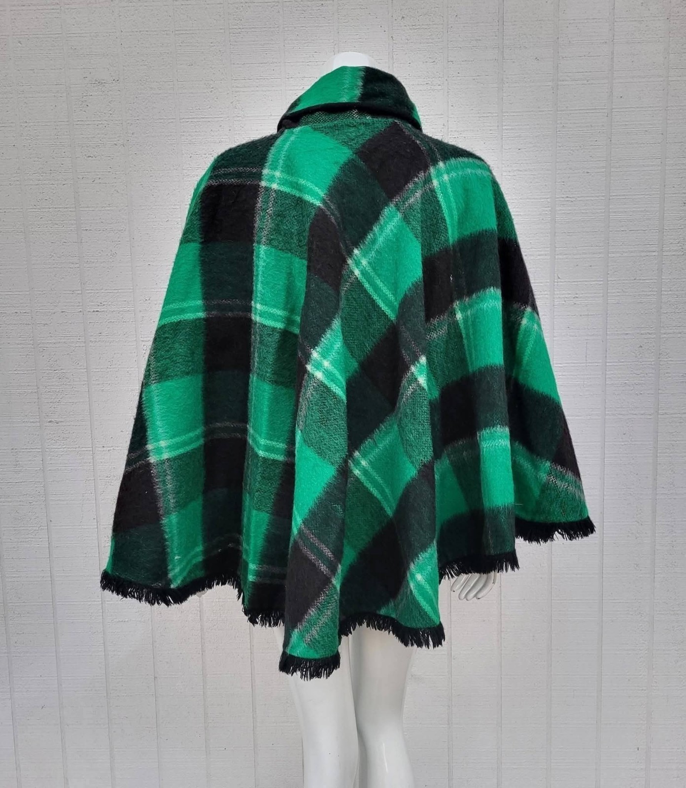 1960s Black And Green Plaid Poncho/Cape As Is