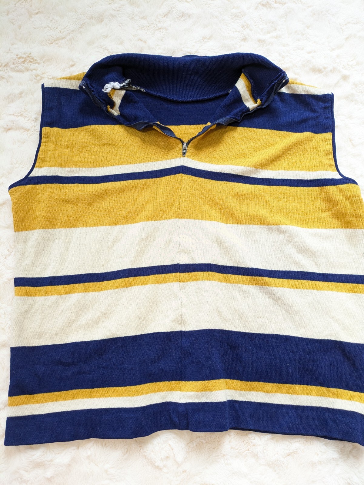 Vintage Mod Mock Neck Sleeveless Knit Layering Top Blue Yellow Stripes Large