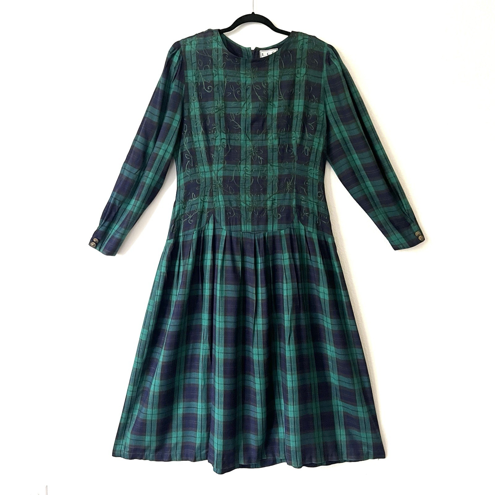 VTG LGS 90s Plaid Embroidered Drop Waist Maxi Dress 12 Tartan Plaid Shoulder Pad