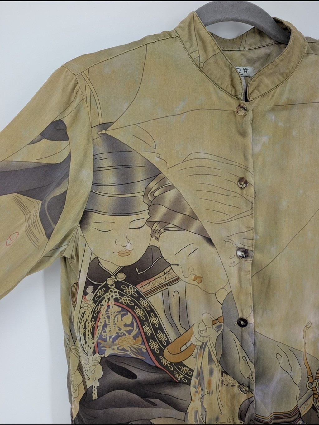 Citron Santa Monica 100% Silk Button-Up Blouse Asian Geisha Vintage Top SZ Small