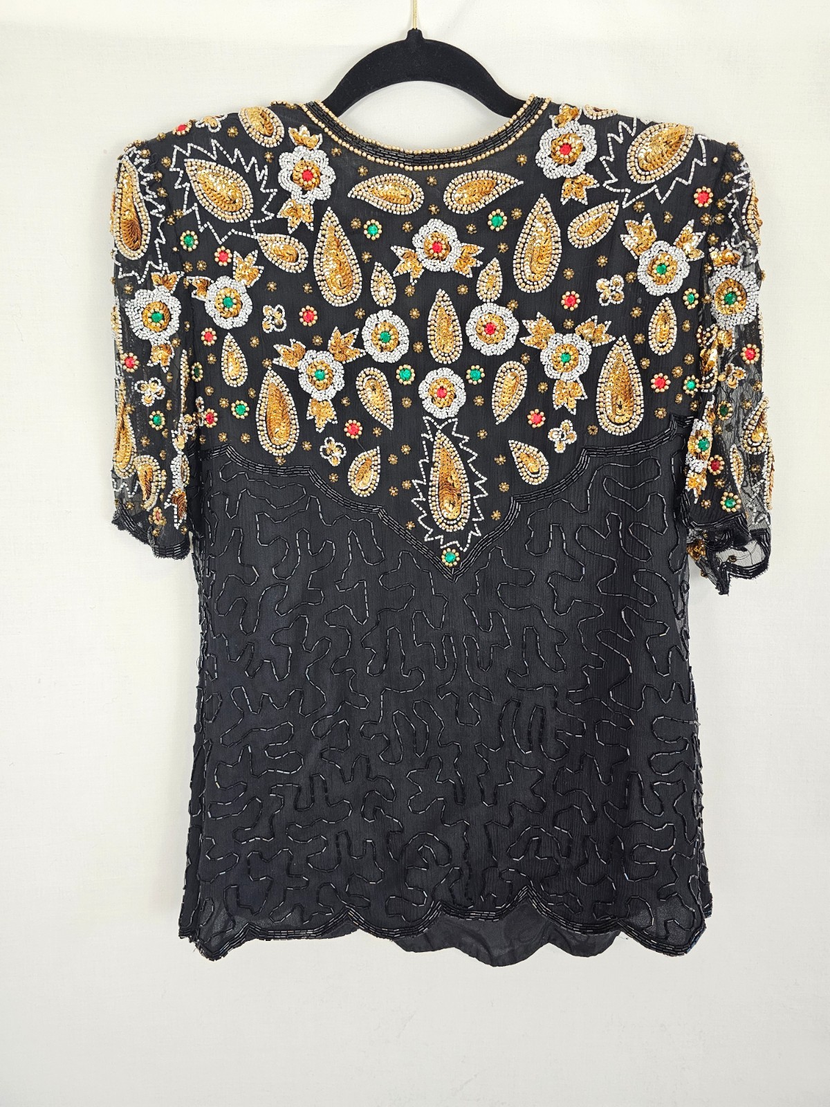 Vintage Sequins and Beaded Blouse Black w Multi Color Laurence Kazar New York S