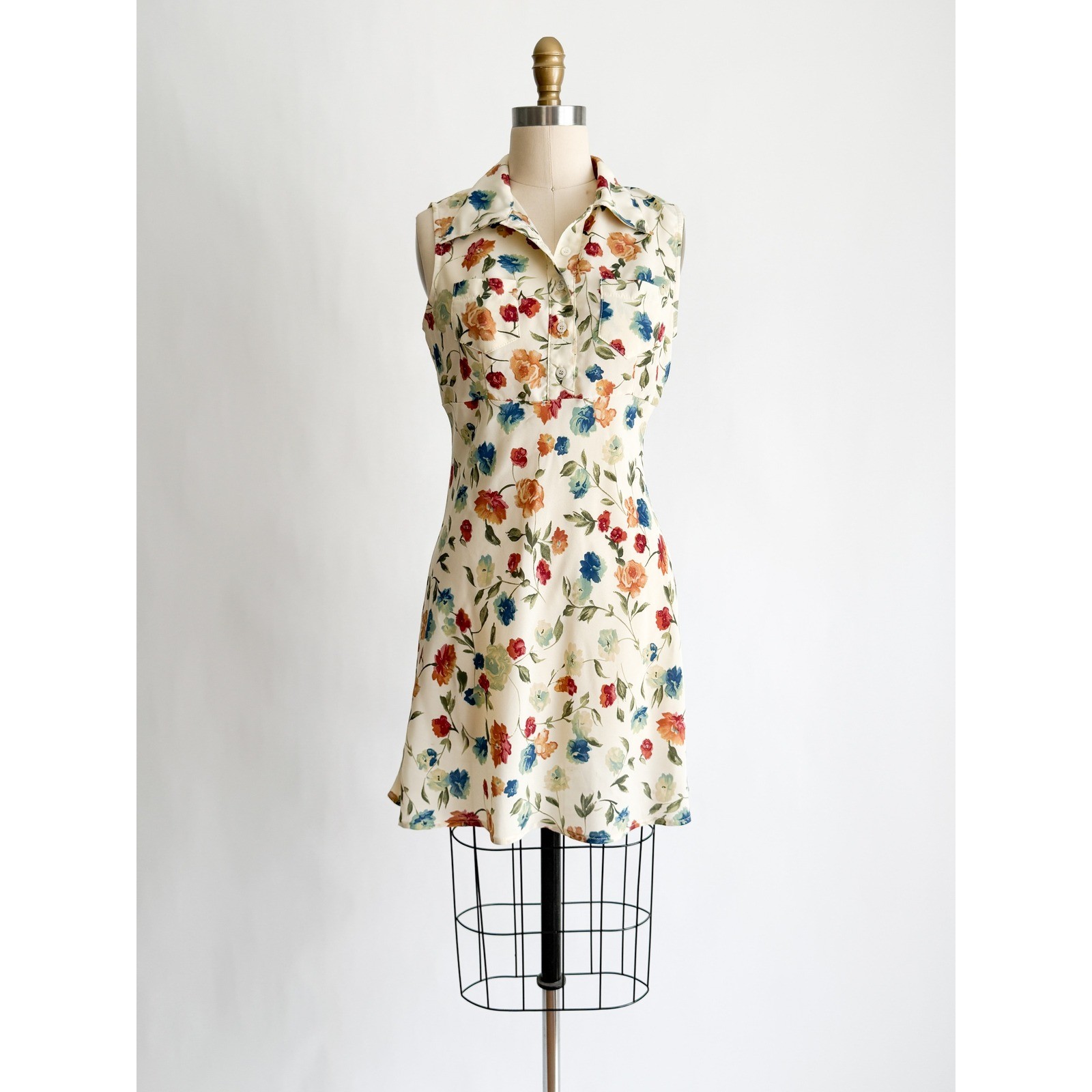 Contempo Casuals Mini Dress Vintage 90s Floral Sleeveless Collared Small Cream