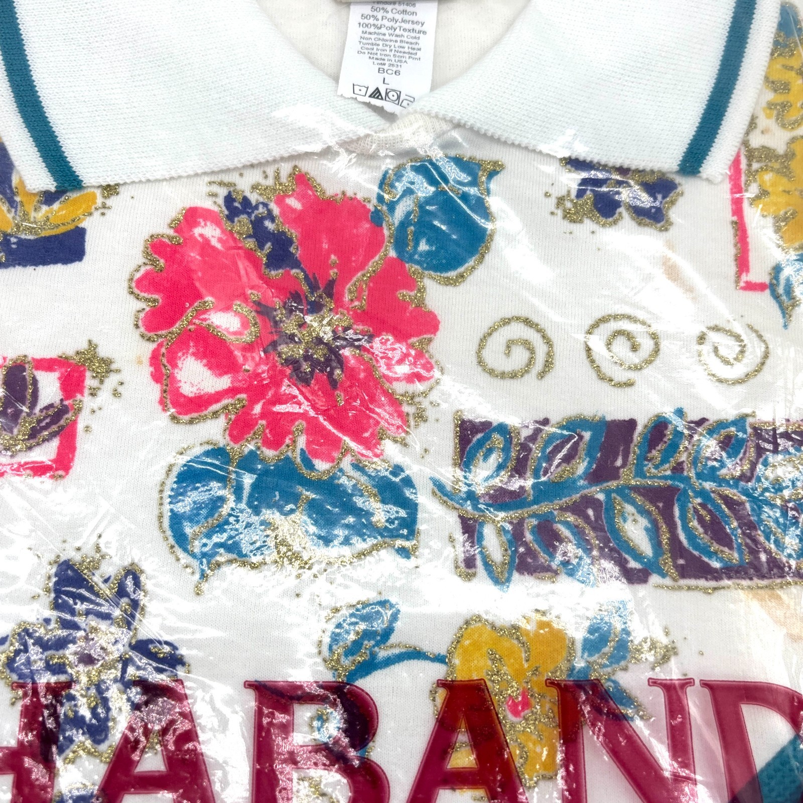 Vintage Haband Womens Collared Floral Shirt DEADSTOCK Teal White Sz L New READ!