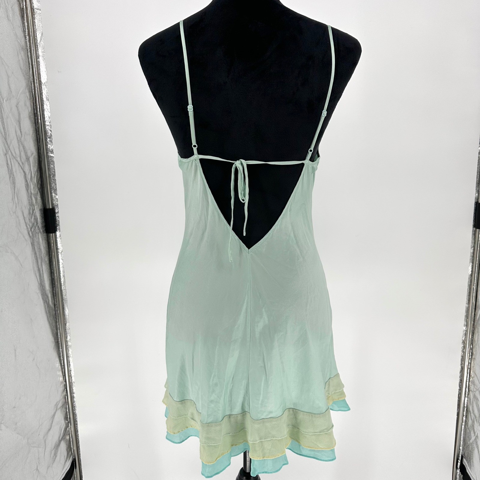 VTG Victoria’s Secret 100% Silk Aqua Blue Cami Slip Ruffle Mini Dress M Y2K 02