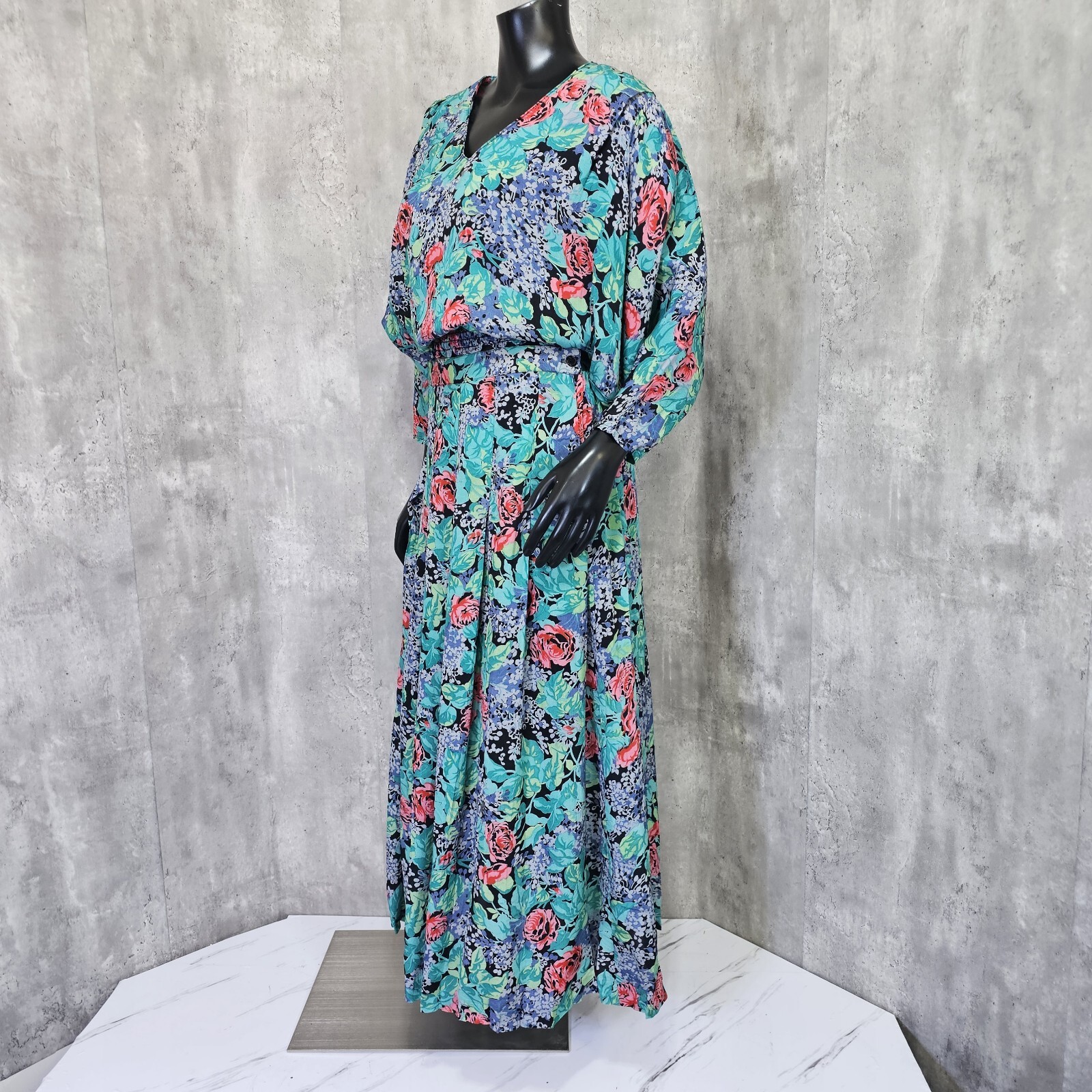 Vintage 70s 80s Irene Kasmer Floral Crepe Batwing Blouse Maxi Skirt Set Outfit