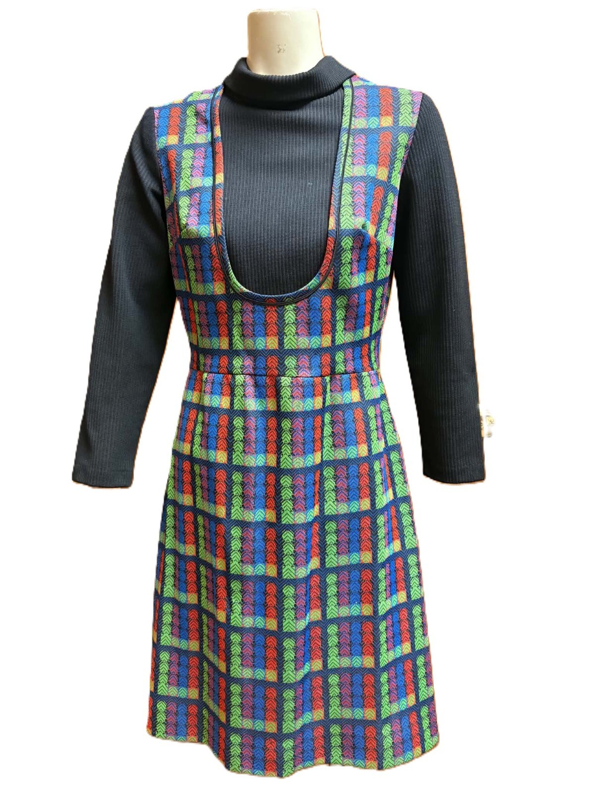 Vintage70s It’s Better Mod Geo Rainbow Print Pinafore Jumper Dress 16