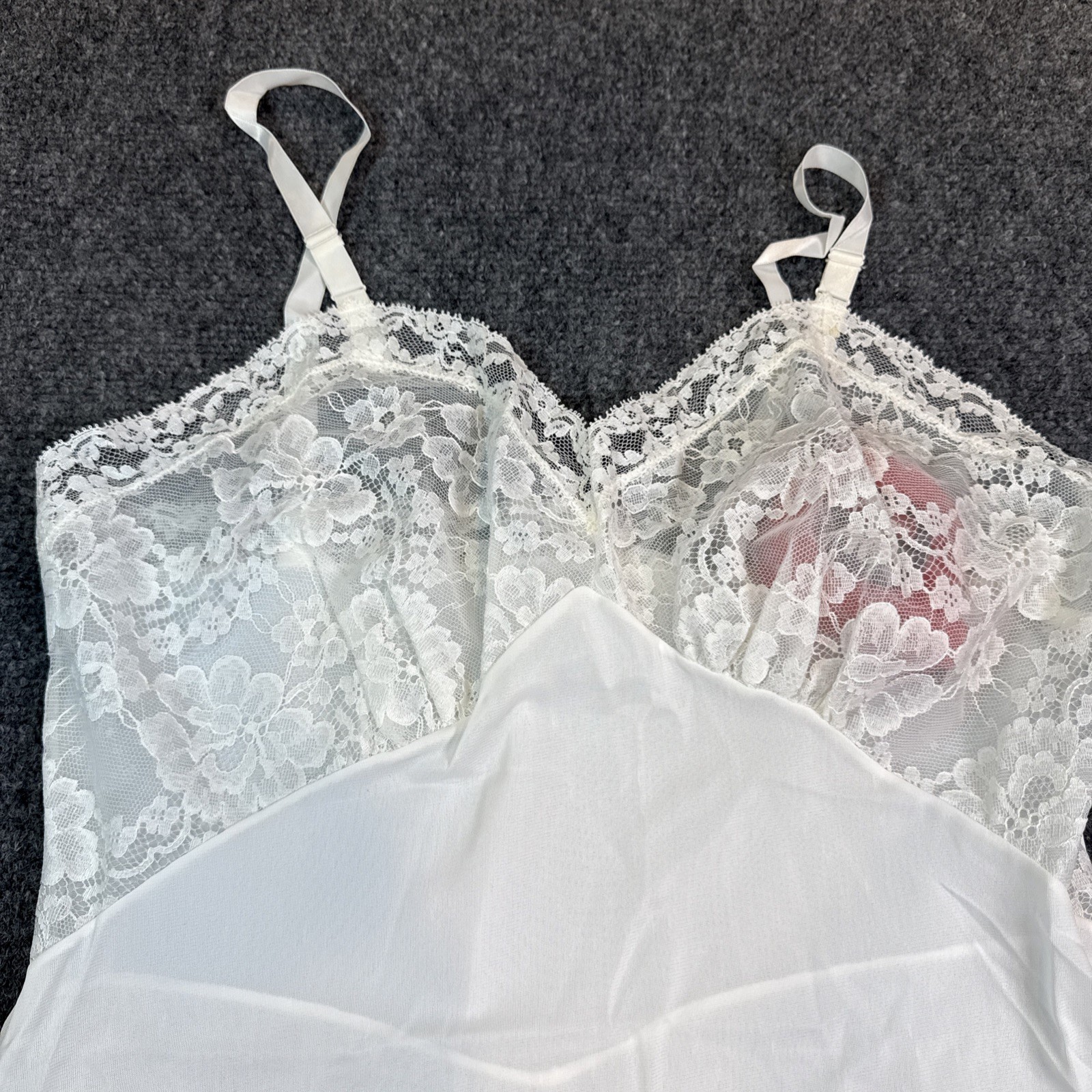 Vintage Lace Trim Pembrooke 36R 1960/70’s Mid Century Slip Coquette White Nylon