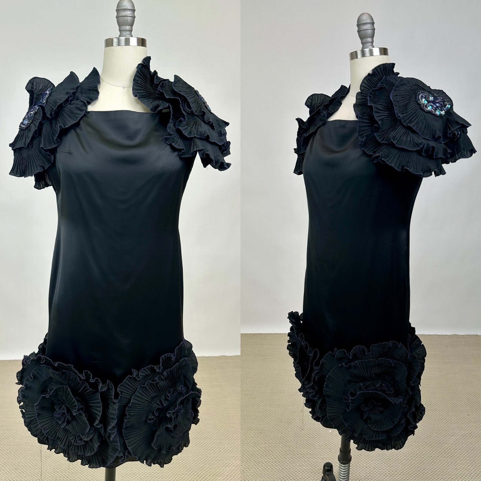 Vintage 1980s Designer Zandra Rhodes Black Dress with Elaborate Ruffle Details