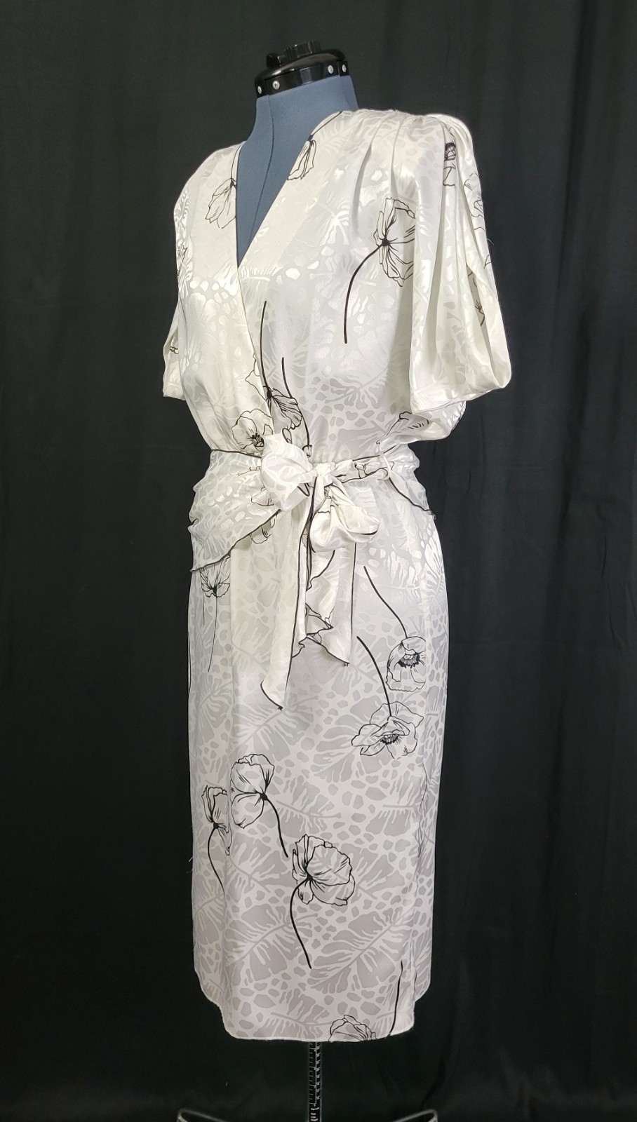 Vintage Hal Ferman White Print on White Blouson Dress w Black Accents Size M/L?