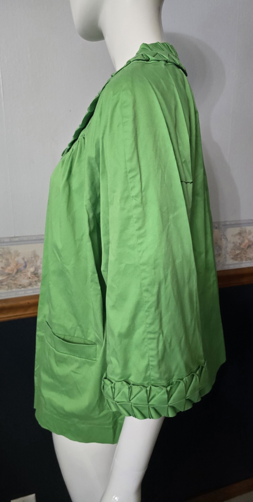 SIMPLY Chloe Dao Green Pleated Collar Jacket 1X Plus Size Cotton Stretch