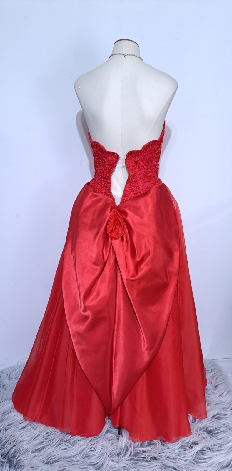 Vintage Red Strapless Party Dress Gown Huge Skirt Rosettes Draped Sz S Soutache