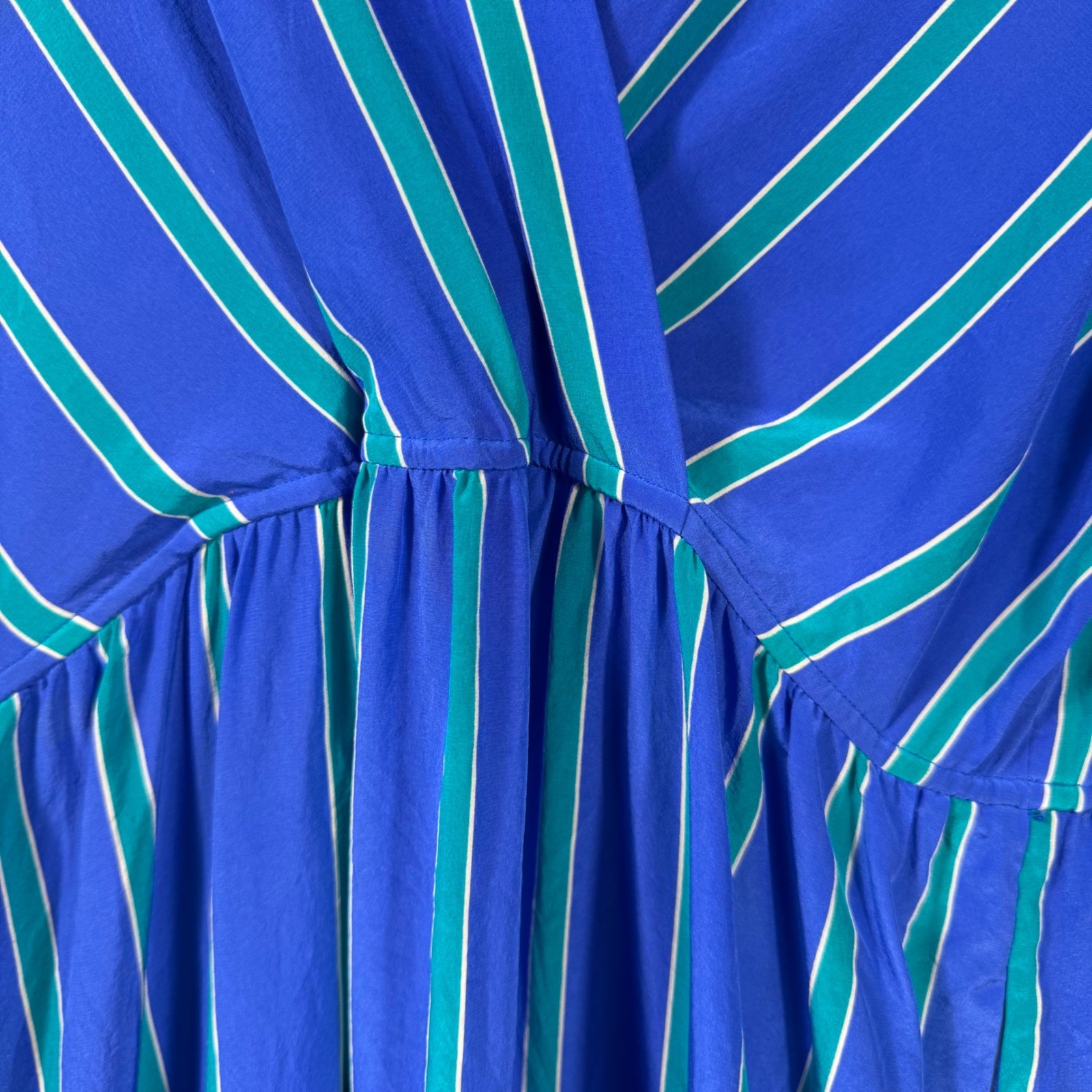 Vintage Silk Studio 100% Silk Striped Dress Blue Green Midi Size 14 Korea