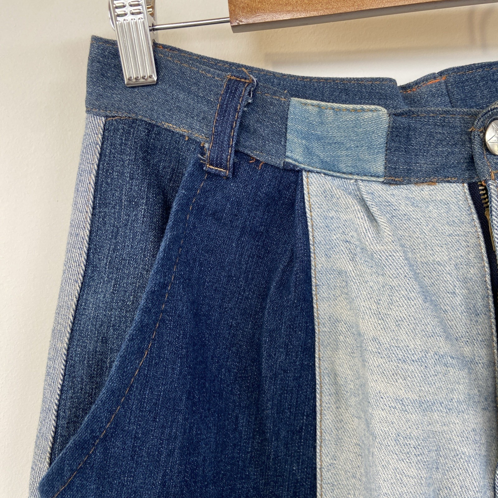 Vintage CUSTOM Denim Patchwork Wide Leg Jeans 30” Waist 80’s High Waist Gathered