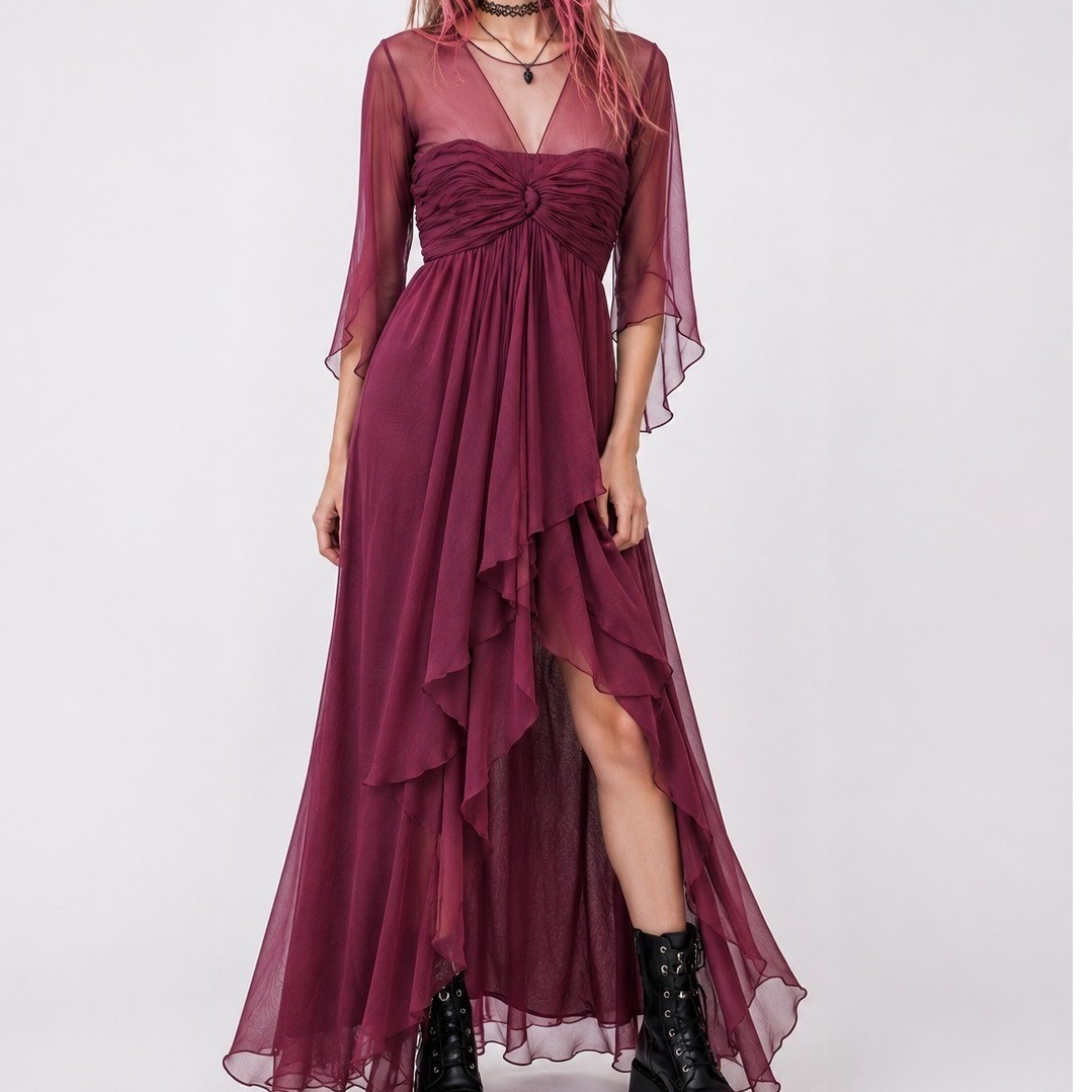 Oscar de la Renta Gown Womens 8 Burgundy Silk Chiffon Vintage Whimsigoth Witchy