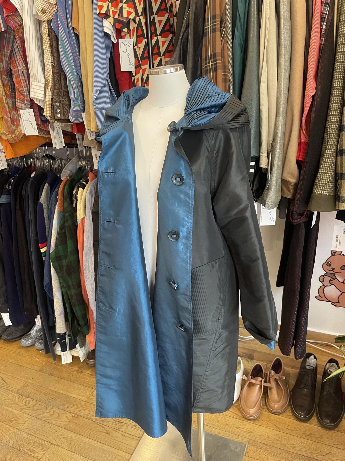 *Reversible* Blue and Black Windbreaker material long trench with pleated hood—M