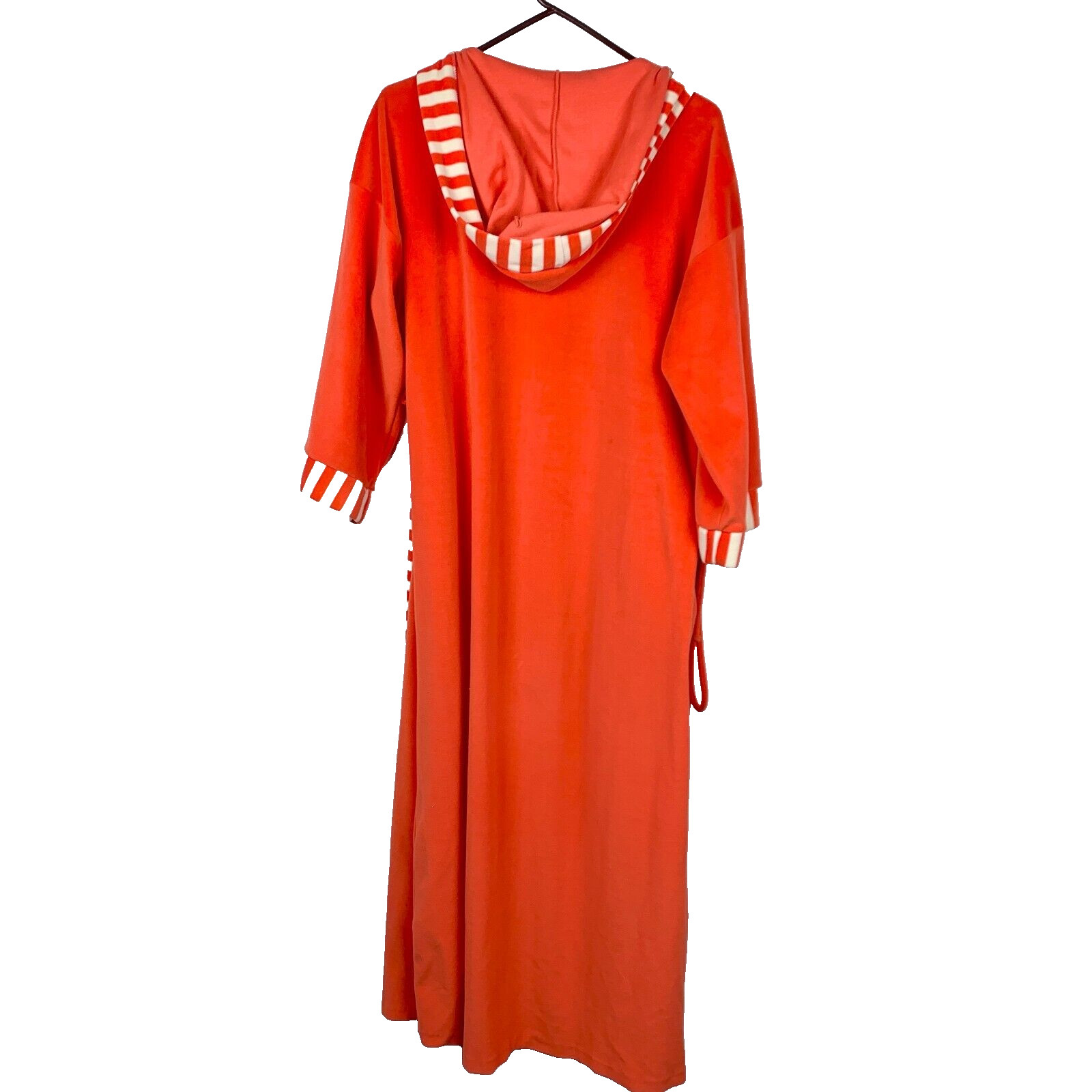 Vintage 70s Niki-Lu Velour Retro Orange White Belted Hooded Long Robe Size Small