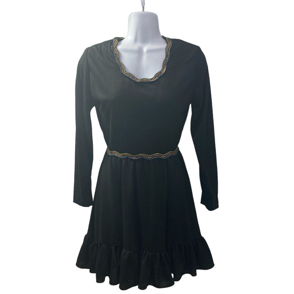 Handmade Dress Black Mini Long Sleeve Knit Stretch Ruched Hem and Trim Vintage