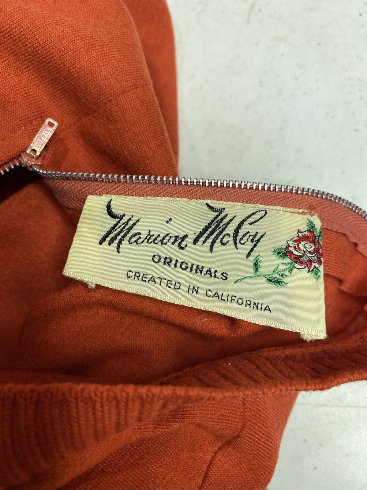 Vtg 60s Mod Marion McCoy Wool Orange Dress 3/4 Sleeve MIDI Pencil Secretary