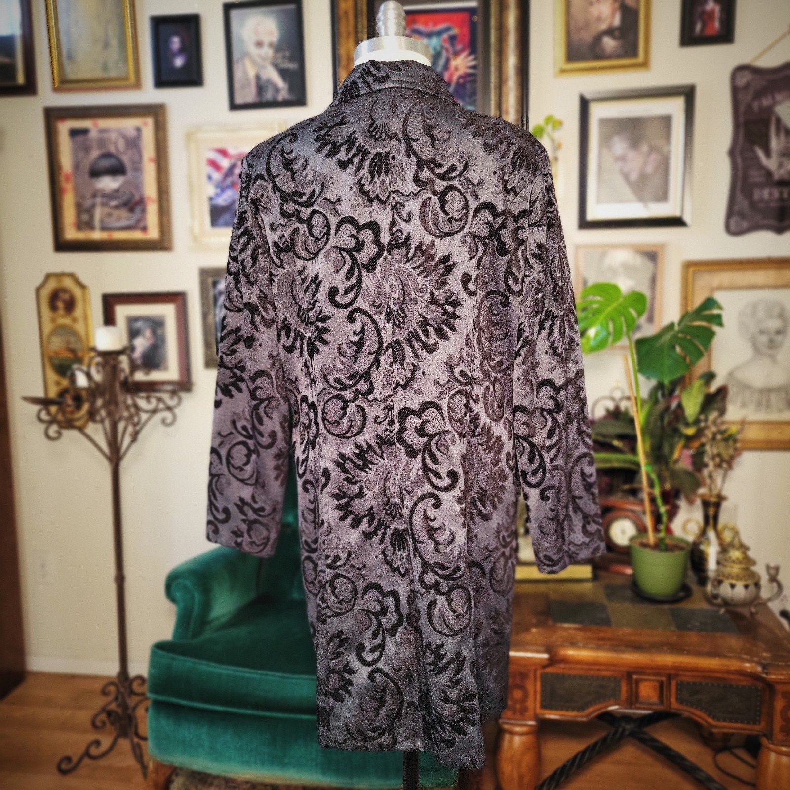 Erin London Damask Coat Vintage 90s Tapestry Grey Black Brocade Long Jacket M